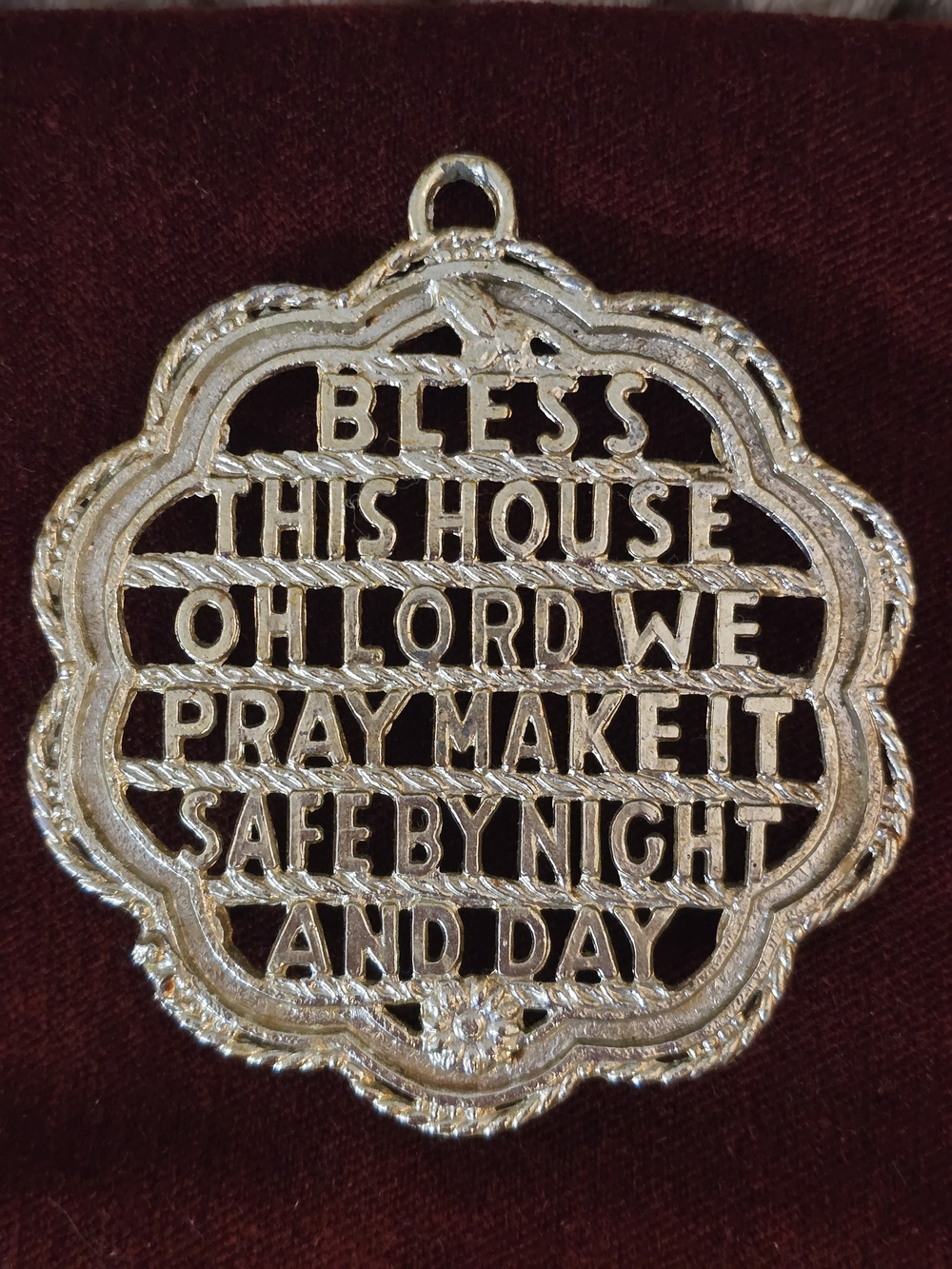 Vintage Gold Tone Brass Bless This House Trivet Plaque 4.5"